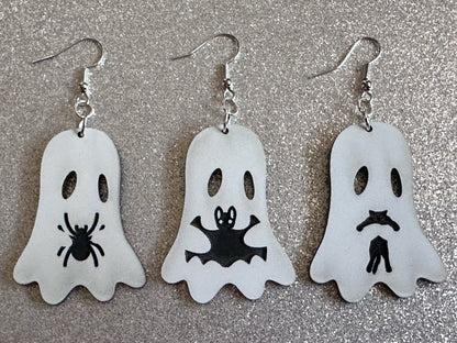 Ghost Holding Animals Earrings: Laser Cut Acrylic Ghosts with Cats, Spiders, Bats, Halloween, Scary, Spooky, Best Gifts for Her/Him/Them