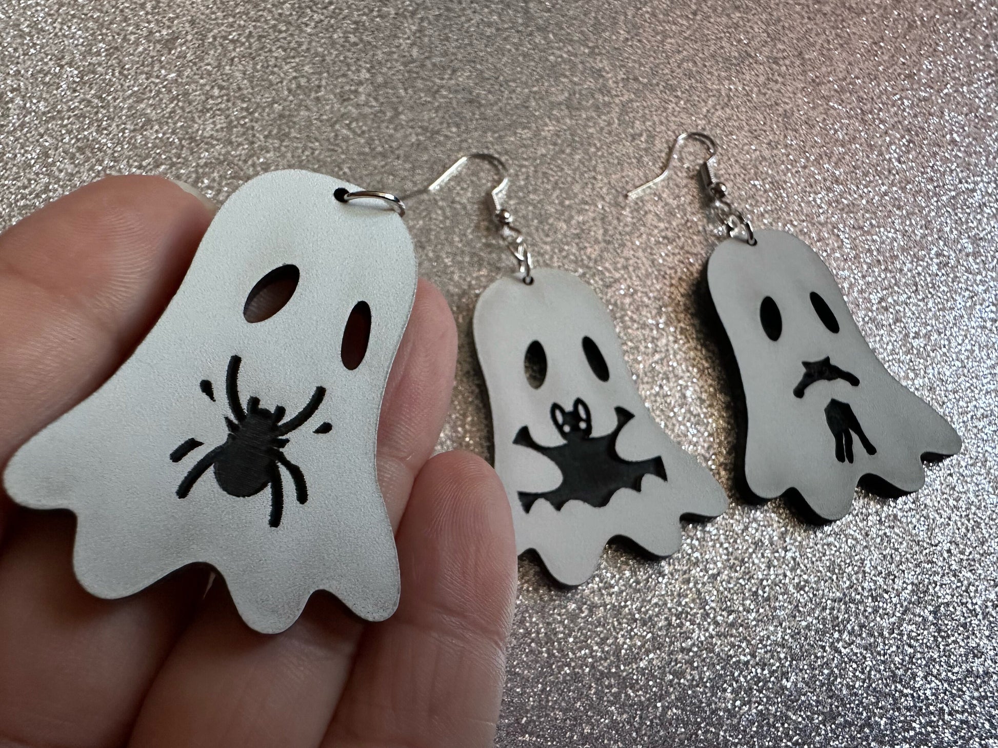 Ghost Holding Animals Earrings: Laser Cut Acrylic Ghosts with Cats, Spiders, Bats, Halloween, Scary, Spooky, Best Gifts for Her/Him/Them