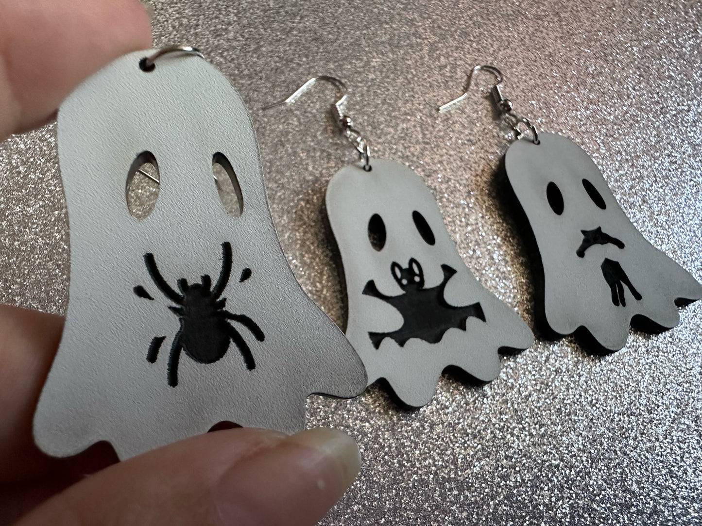 Ghost Holding Animals Earrings: Laser Cut Acrylic Ghosts with Cats, Spiders, Bats, Halloween, Scary, Spooky, Best Gifts for Her/Him/Them