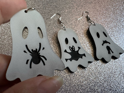 Ghost Holding Animals Earrings: Laser Cut Acrylic Ghosts with Cats, Spiders, Bats, Halloween, Scary, Spooky, Best Gifts for Her/Him/Them