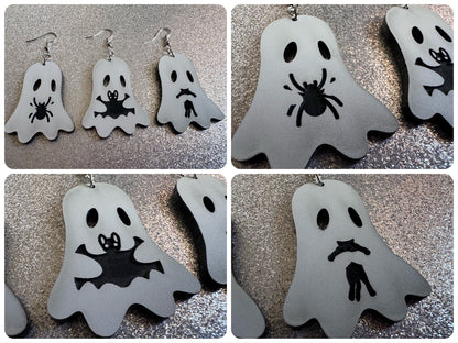 Ghost Holding Animals Earrings: Laser Cut Acrylic Ghosts with Cats, Spiders, Bats, Halloween, Scary, Spooky, Best Gifts for Her/Him/Them