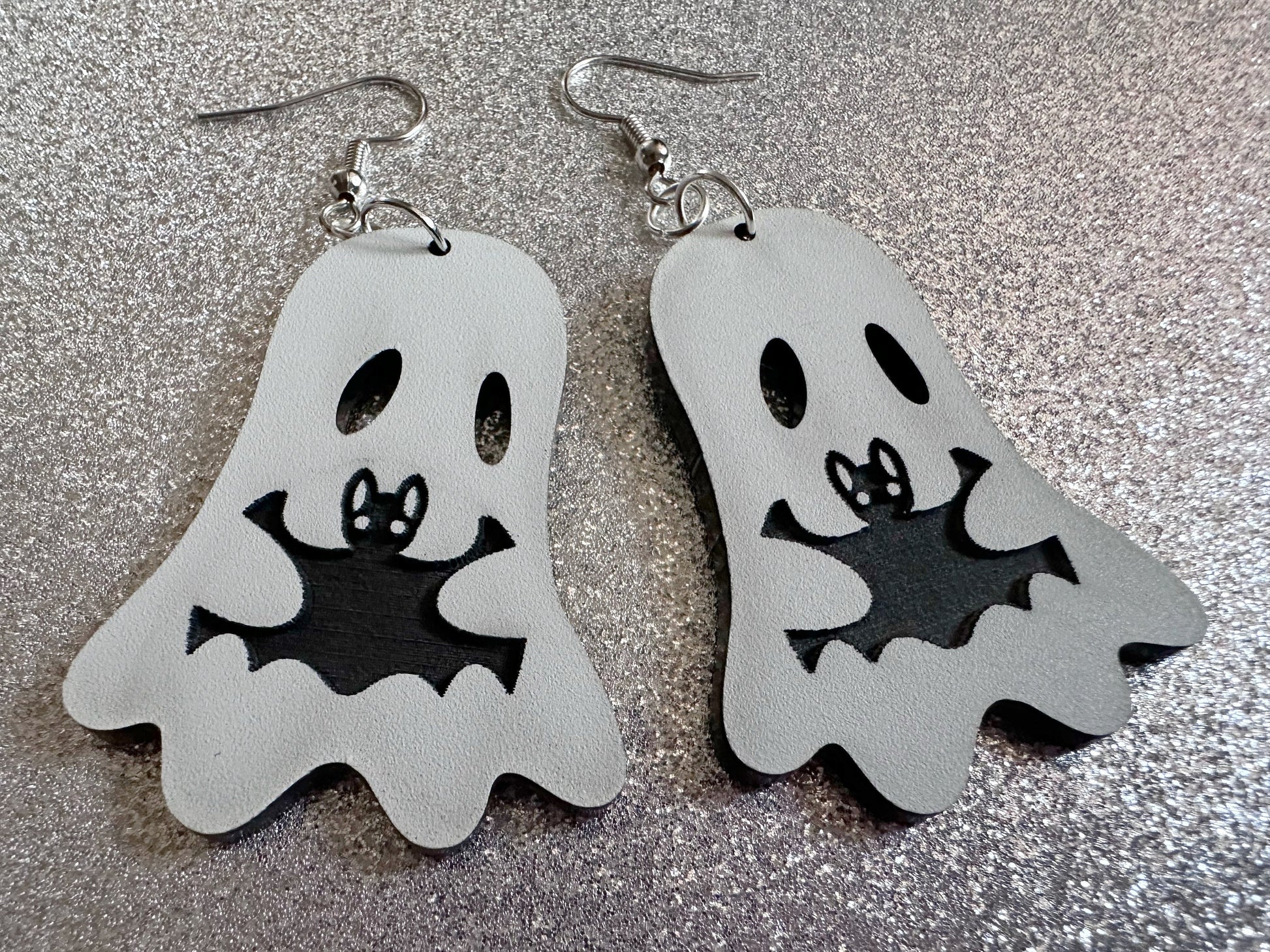 Ghost Holding Bat Earrings: Laser Cut Acrylic Ghosts with Bats, Insects, Halloween, Scary, Spooky, Best Gifts for Her/Him/Them