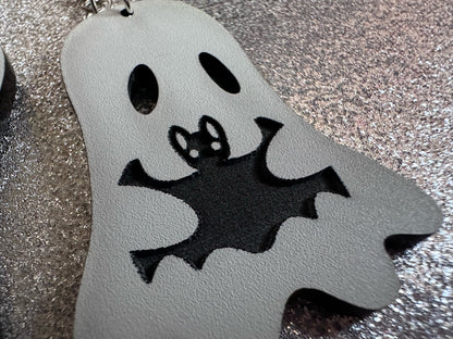 Ghost Holding Bat Earrings: Laser Cut Acrylic Ghosts with Bats, Insects, Halloween, Scary, Spooky, Best Gifts for Her/Him/Them