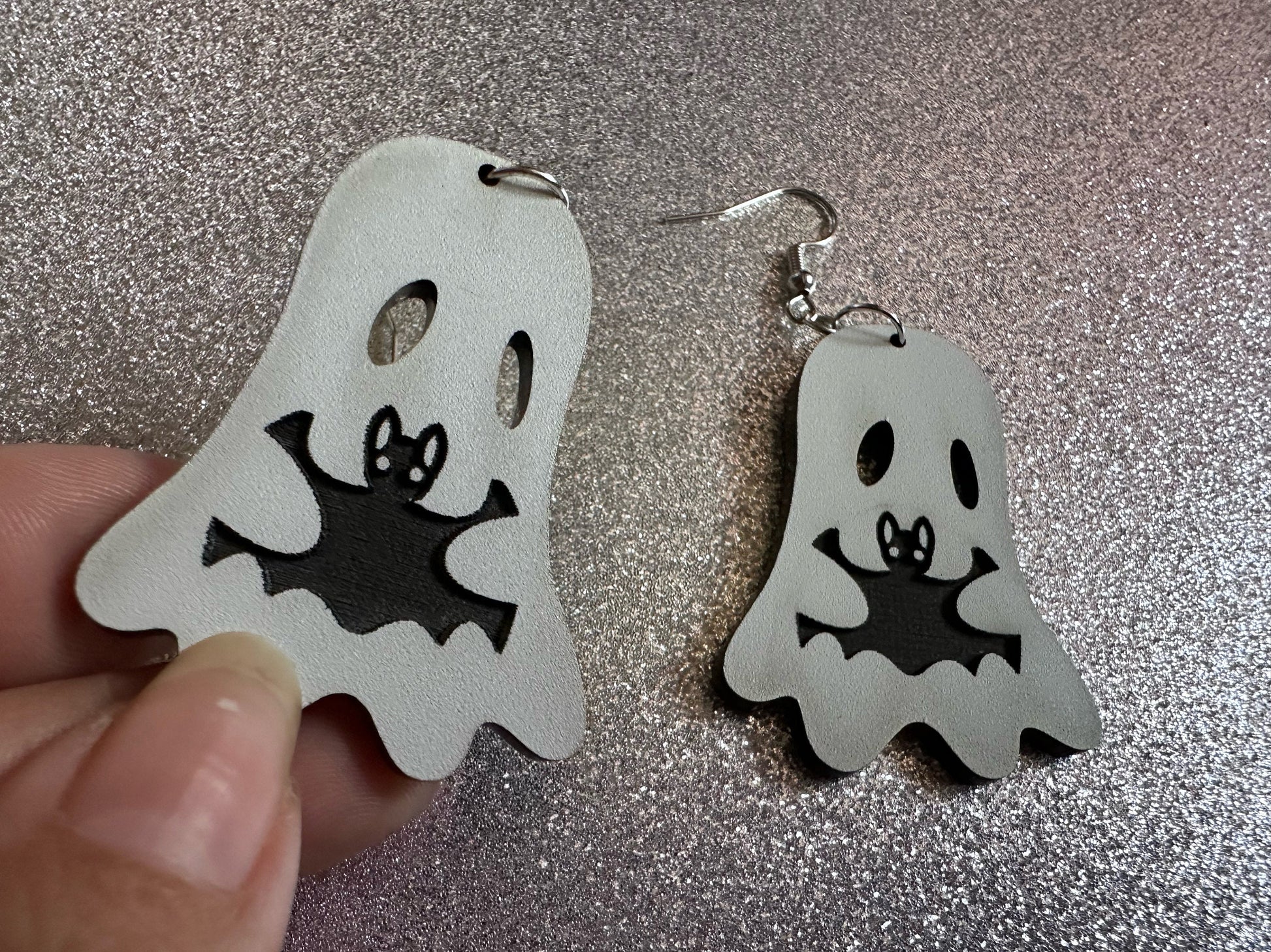Ghost Holding Bat Earrings: Laser Cut Acrylic Ghosts with Bats, Insects, Halloween, Scary, Spooky, Best Gifts for Her/Him/Them