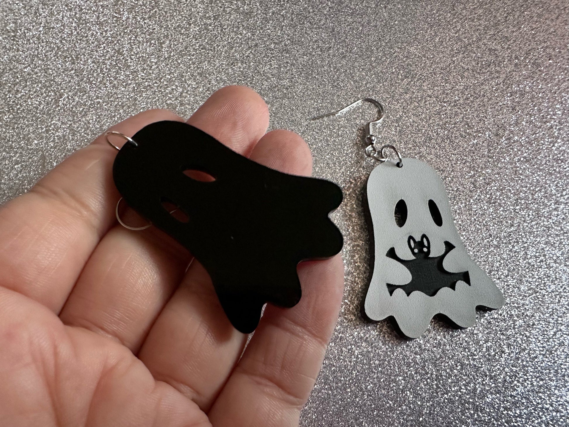 Ghost Holding Bat Earrings: Laser Cut Acrylic Ghosts with Bats, Insects, Halloween, Scary, Spooky, Best Gifts for Her/Him/Them