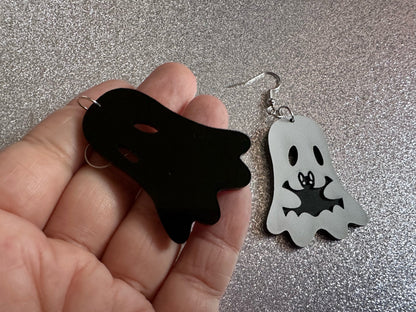 Ghost Holding Bat Earrings: Laser Cut Acrylic Ghosts with Bats, Insects, Halloween, Scary, Spooky, Best Gifts for Her/Him/Them