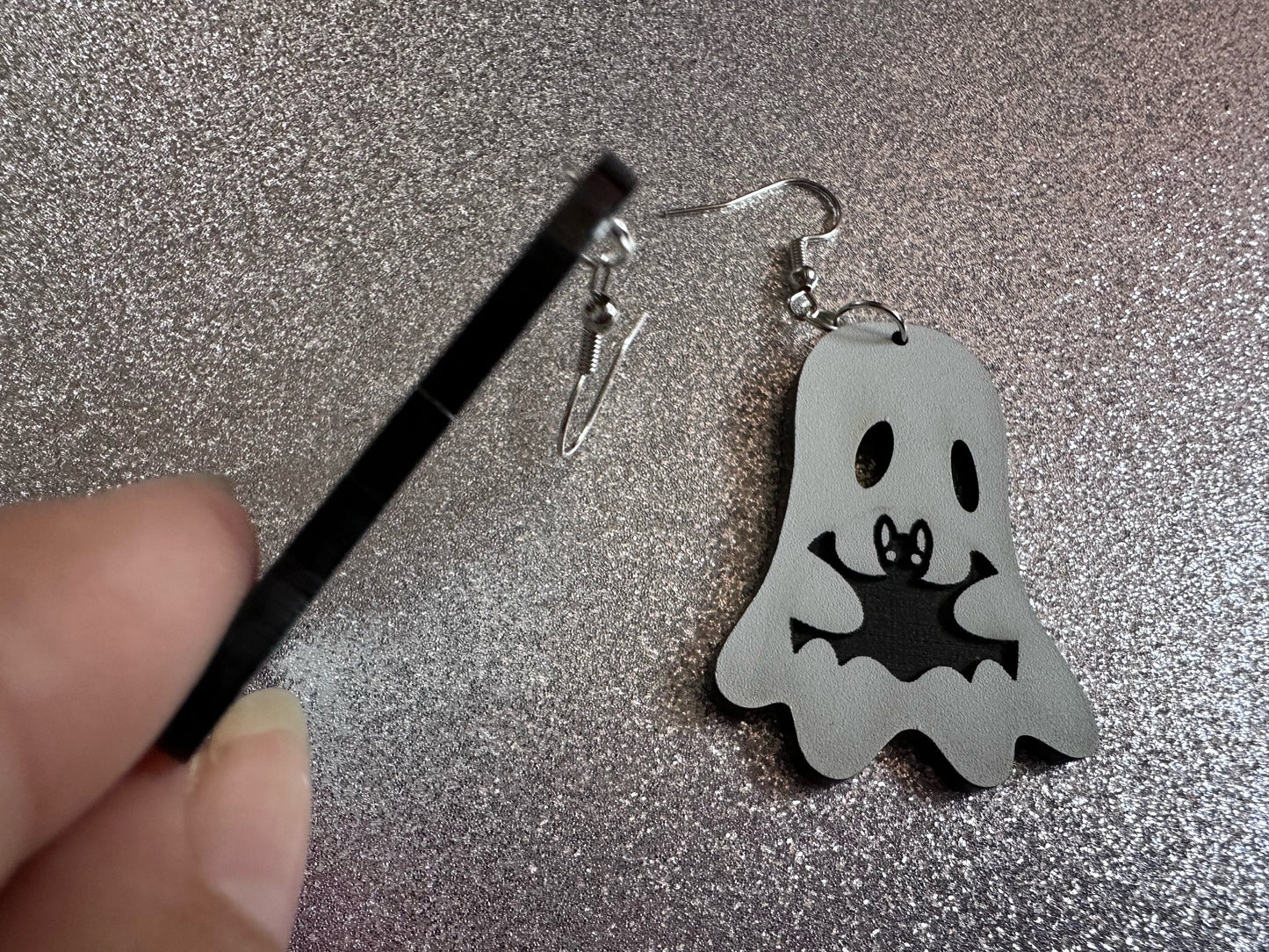 Ghost Holding Bat Earrings: Laser Cut Acrylic Ghosts with Bats, Insects, Halloween, Scary, Spooky, Best Gifts for Her/Him/Them