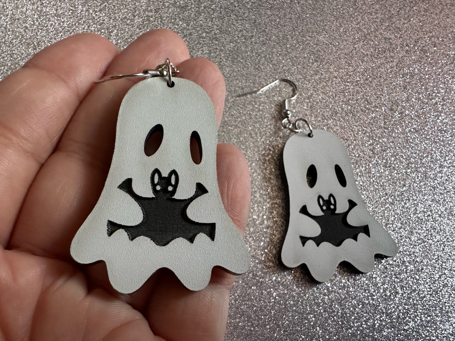 Ghost Holding Bat Earrings: Laser Cut Acrylic Ghosts with Bats, Insects, Halloween, Scary, Spooky, Best Gifts for Her/Him/Them