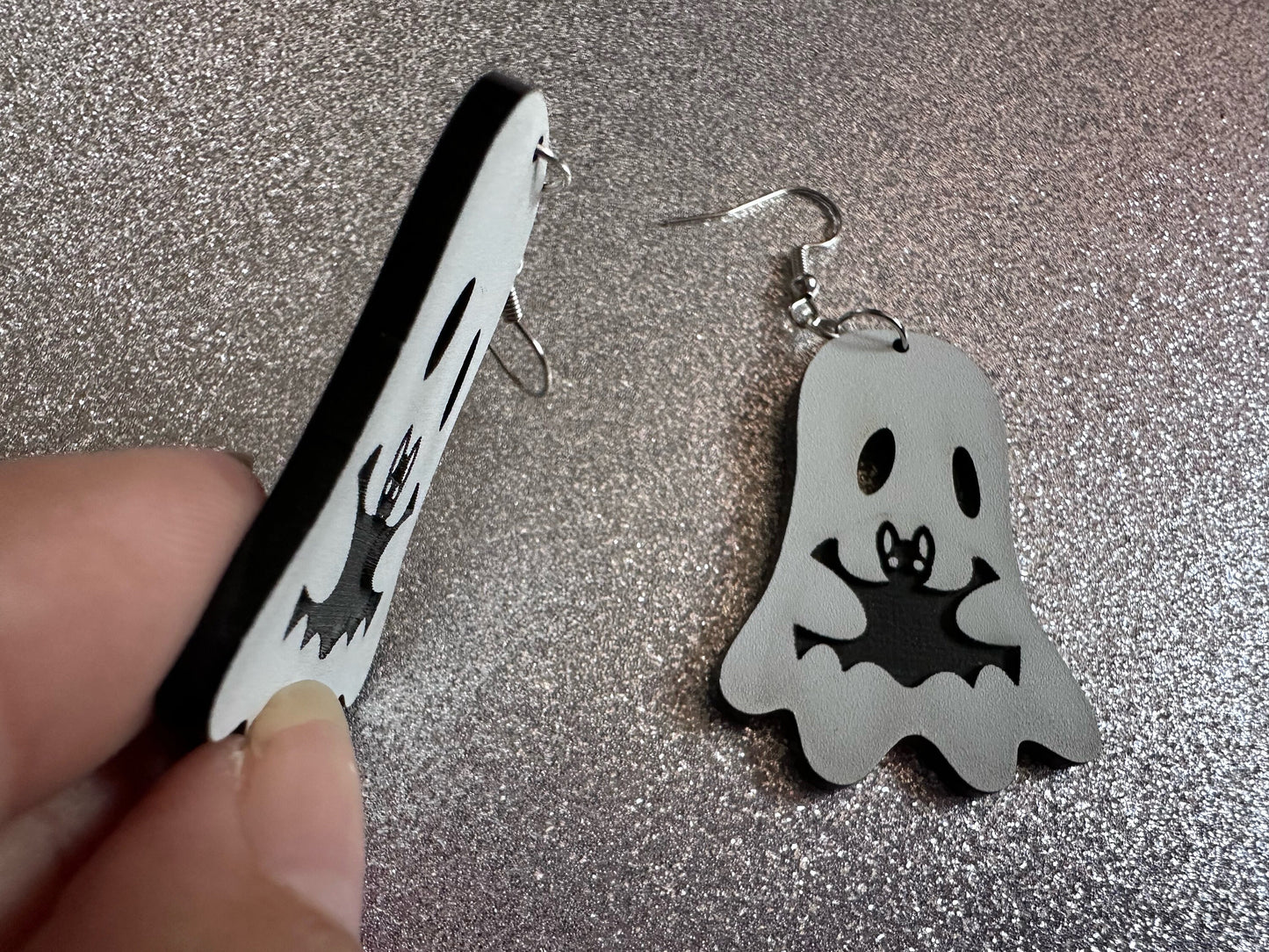 Ghost Holding Bat Earrings: Laser Cut Acrylic Ghosts with Bats, Insects, Halloween, Scary, Spooky, Best Gifts for Her/Him/Them