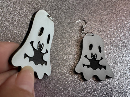 Ghost Holding Bat Earrings: Laser Cut Acrylic Ghosts with Bats, Insects, Halloween, Scary, Spooky, Best Gifts for Her/Him/Them