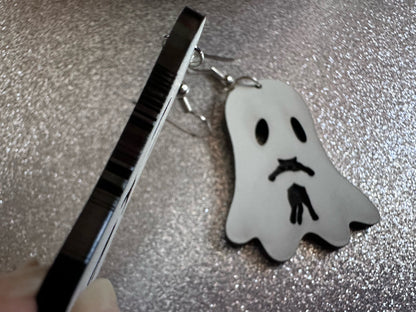 Ghost Holding Cat Earrings: Laser Cut Acrylic Ghosts with Cats, Kitten, Black Cat, Halloween, Scary, Spooky, Best Gifts for Her/Him/Them