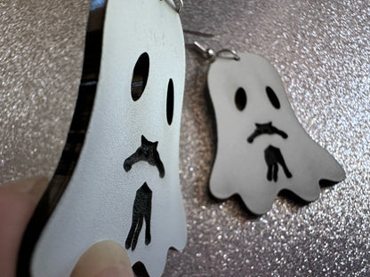 Ghost Holding Cat Earrings: Laser Cut Acrylic Ghosts with Cats, Kitten, Black Cat, Halloween, Scary, Spooky, Best Gifts for Her/Him/Them