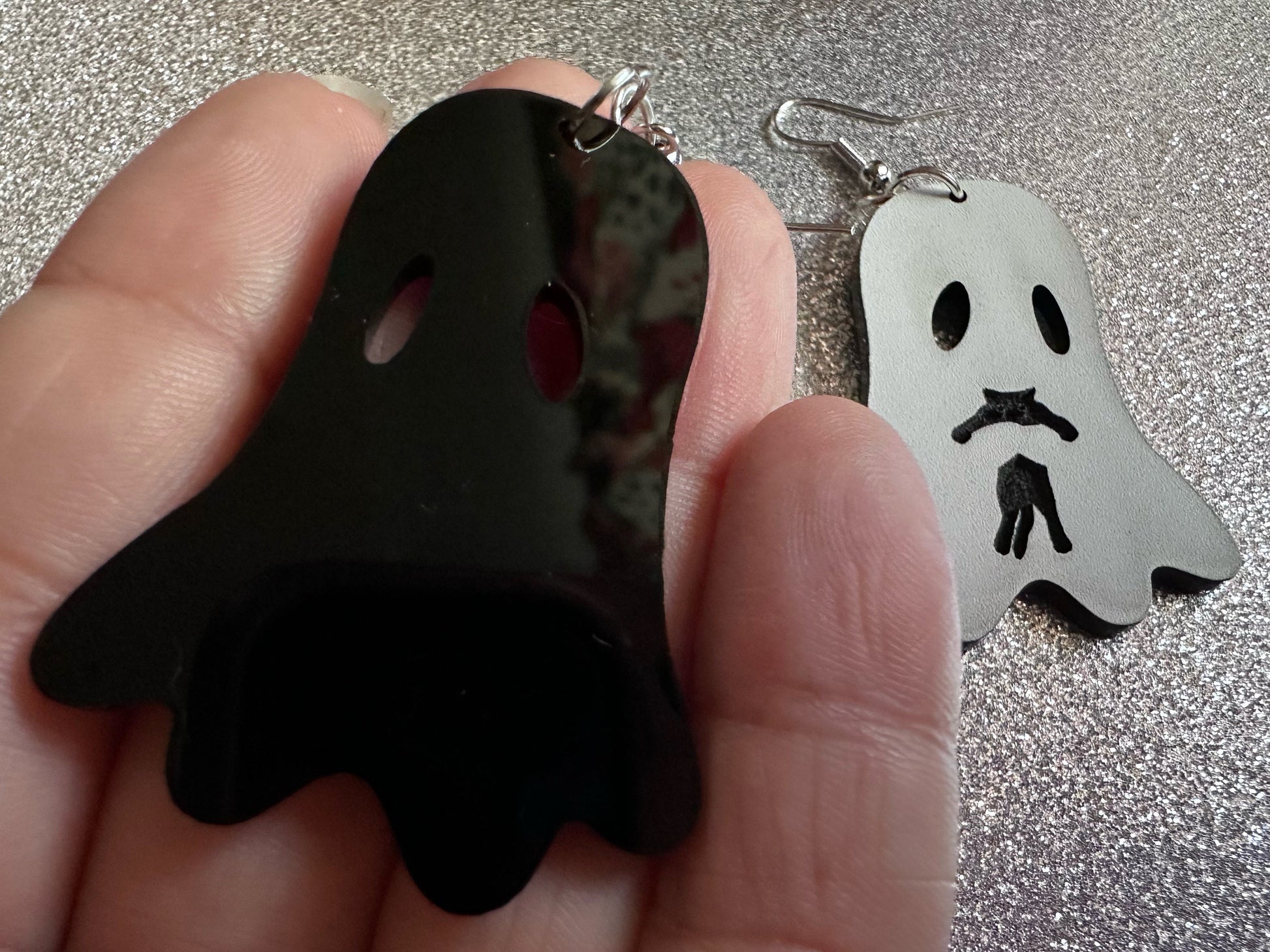Ghost Holding Cat Earrings: Laser Cut Acrylic Ghosts with Cats, Kitten, Black Cat, Halloween, Scary, Spooky, Best Gifts for Her/Him/Them