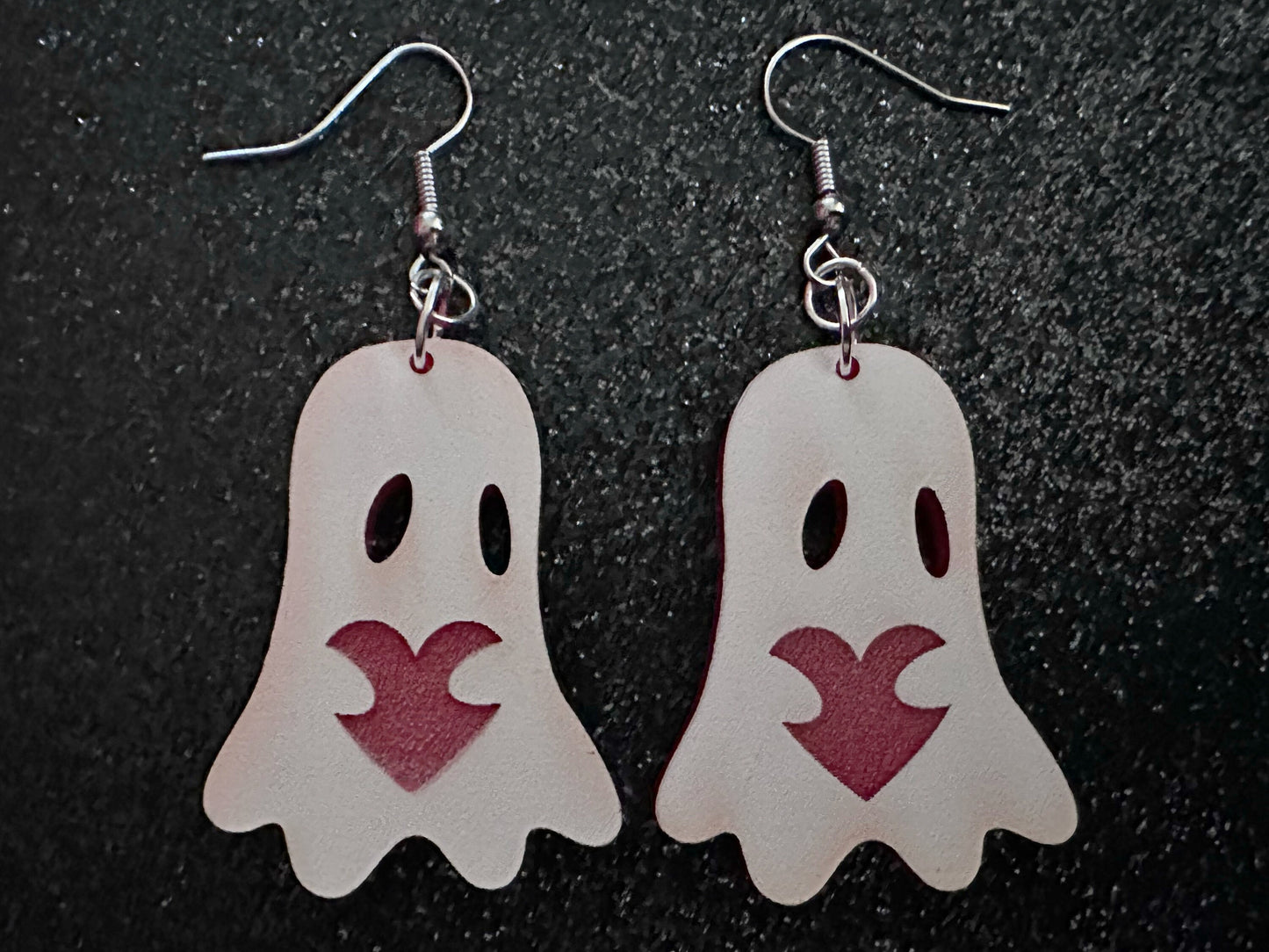Ghost Holding Heart Earrings: Laser Cut Acrylic Ghosts with Hearts, Halloween, Haunted, Scary, Spooky, Spirits, Best Gifts for Her/Him/Them