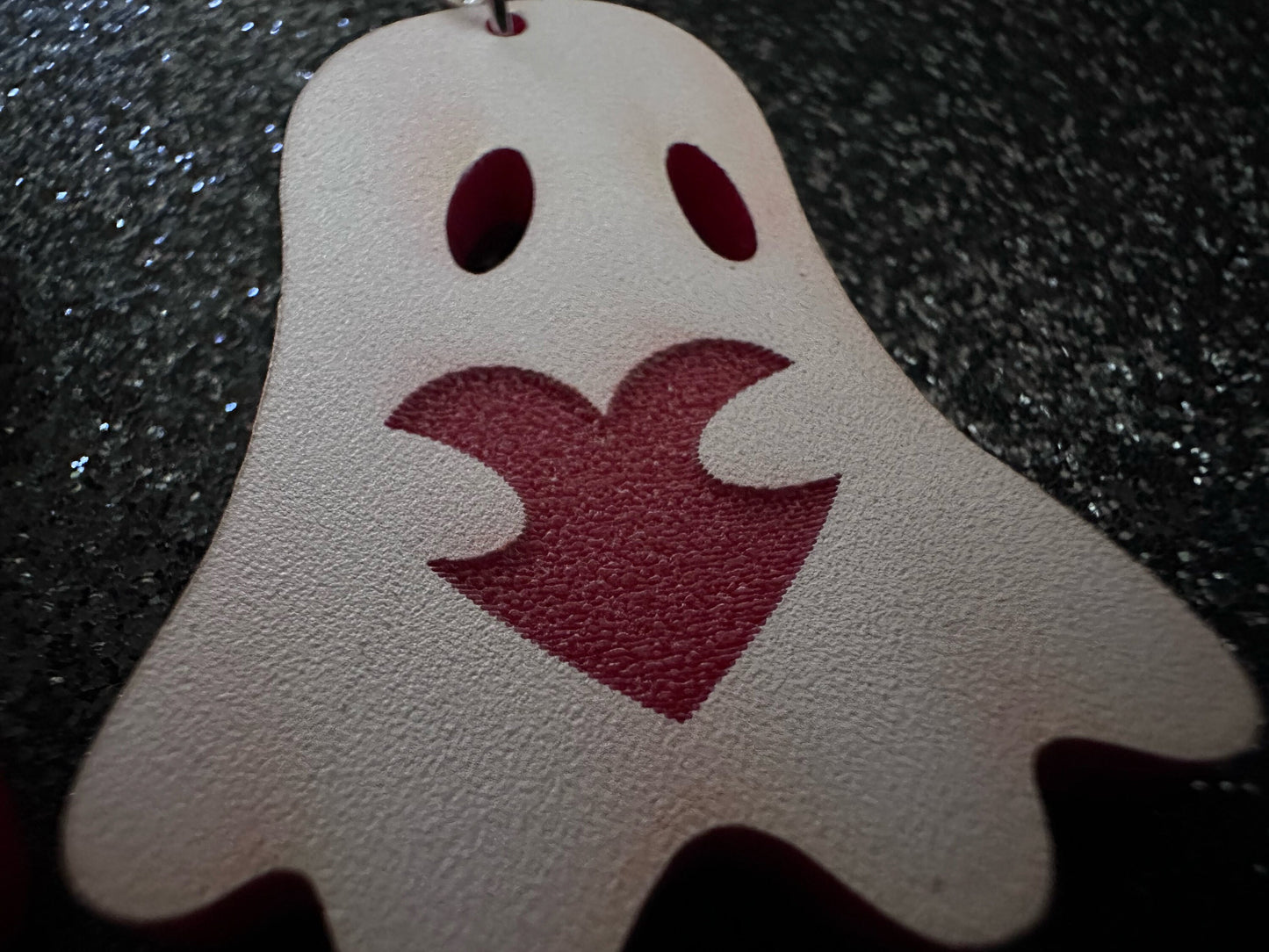 Ghost Holding Heart Earrings: Laser Cut Acrylic Ghosts with Hearts, Halloween, Haunted, Scary, Spooky, Spirits, Best Gifts for Her/Him/Them