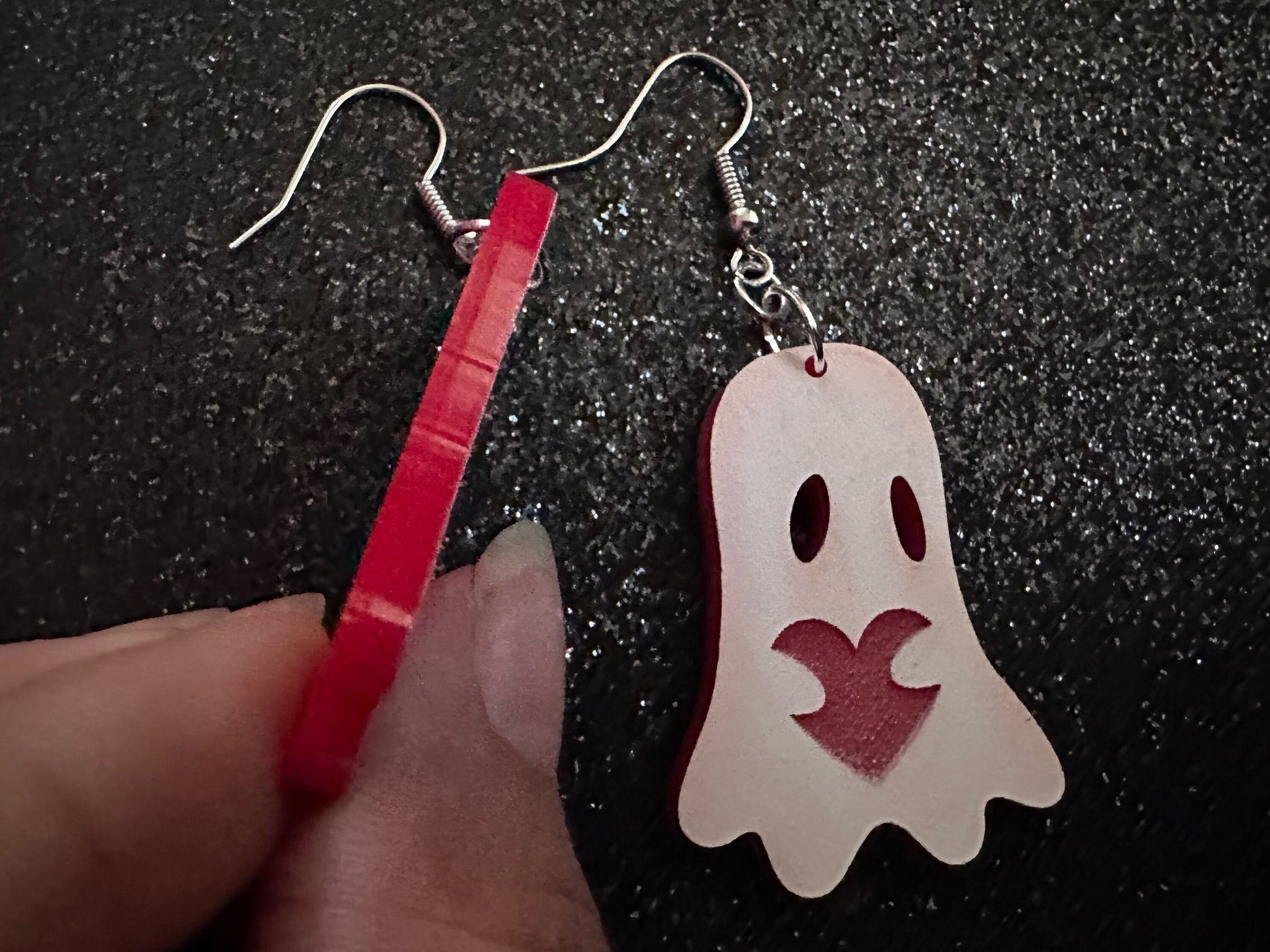 Ghost Holding Heart Earrings: Laser Cut Acrylic Ghosts with Hearts, Halloween, Haunted, Scary, Spooky, Spirits, Best Gifts for Her/Him/Them