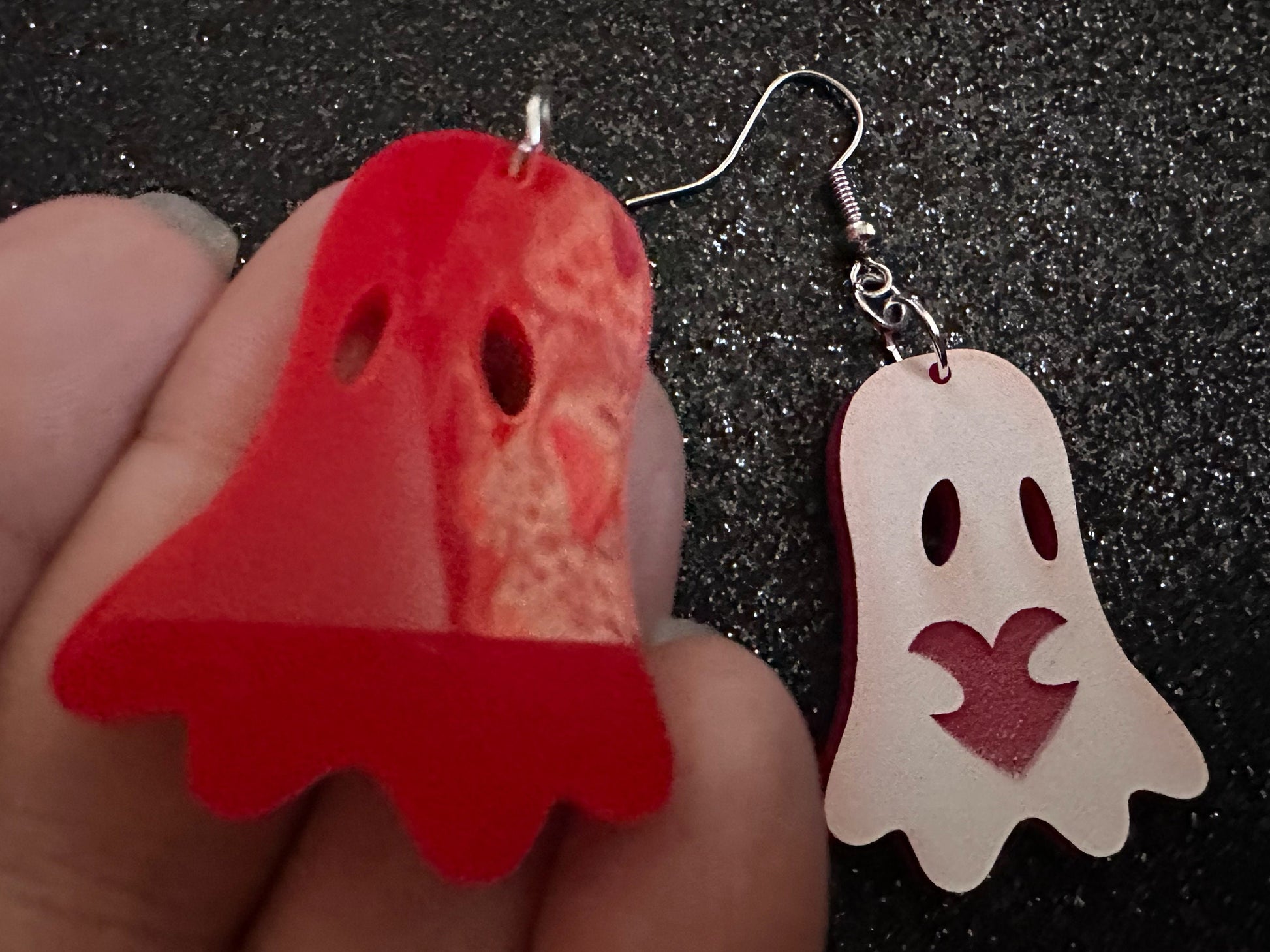 Ghost Holding Heart Earrings: Laser Cut Acrylic Ghosts with Hearts, Halloween, Haunted, Scary, Spooky, Spirits, Best Gifts for Her/Him/Them