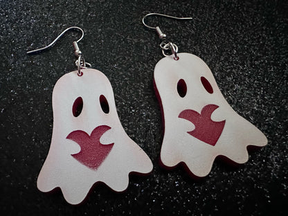 Ghost Holding Heart Earrings: Laser Cut Acrylic Ghosts with Hearts, Halloween, Haunted, Scary, Spooky, Spirits, Best Gifts for Her/Him/Them