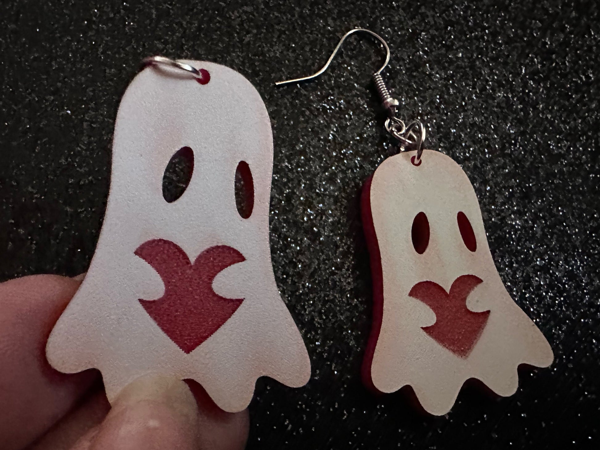 Ghost Holding Heart Earrings: Laser Cut Acrylic Ghosts with Hearts, Halloween, Haunted, Scary, Spooky, Spirits, Best Gifts for Her/Him/Them
