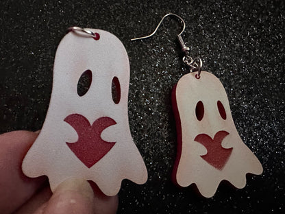 Ghost Holding Heart Earrings: Laser Cut Acrylic Ghosts with Hearts, Halloween, Haunted, Scary, Spooky, Spirits, Best Gifts for Her/Him/Them