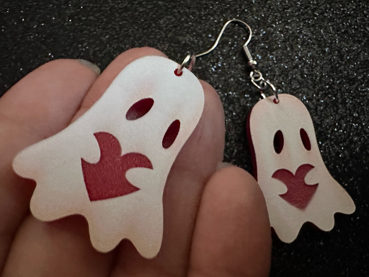 Ghost Holding Heart Earrings: Laser Cut Acrylic Ghosts with Hearts, Halloween, Haunted, Scary, Spooky, Spirits, Best Gifts for Her/Him/Them