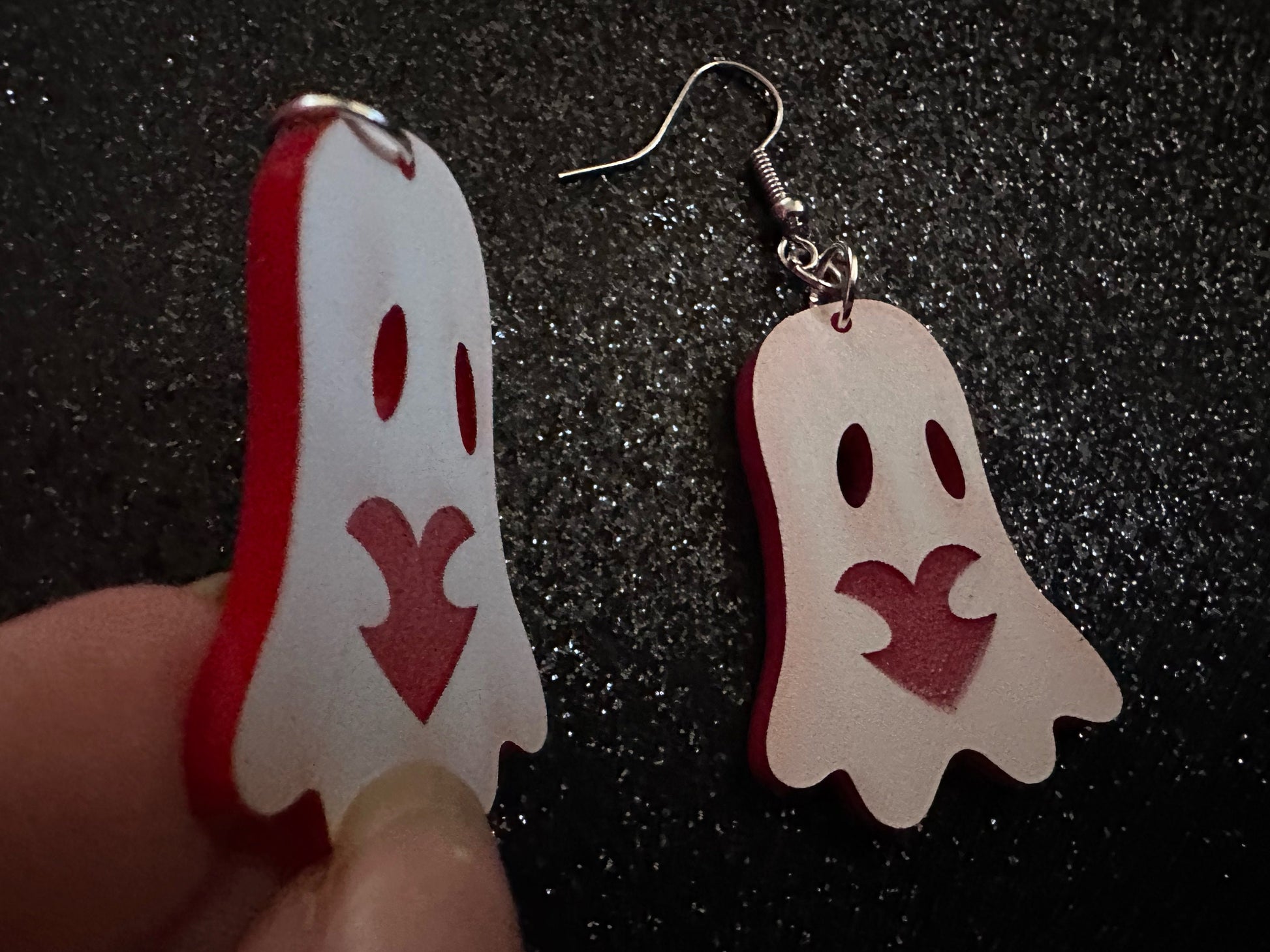 Ghost Holding Heart Earrings: Laser Cut Acrylic Ghosts with Hearts, Halloween, Haunted, Scary, Spooky, Spirits, Best Gifts for Her/Him/Them