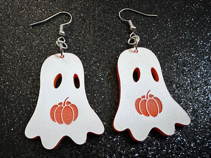 Ghost Holding Pumpkin Earrings: Laser Cut Acrylic Ghosts with Pumpkins, Halloween, Haunted, Scary, Spooky, Best Gifts for Her/Him/Them