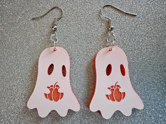 Ghost Holding Pumpkin Earrings: Laser Cut Acrylic Ghosts with Pumpkins, Halloween, Haunted, Scary, Spooky, Best Gifts for Her/Him/Them