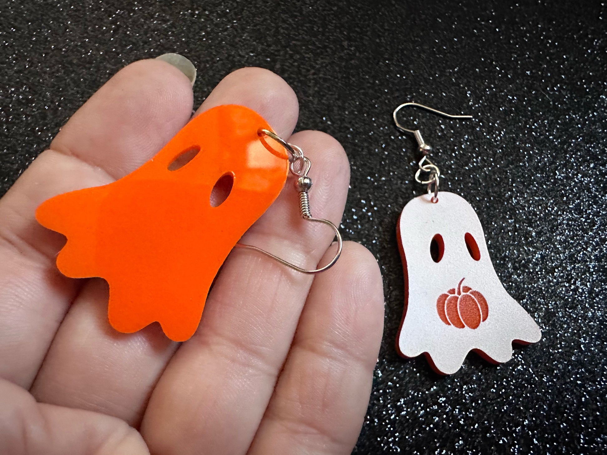 Ghost Holding Pumpkin Earrings: Laser Cut Acrylic Ghosts with Pumpkins, Halloween, Haunted, Scary, Spooky, Best Gifts for Her/Him/Them