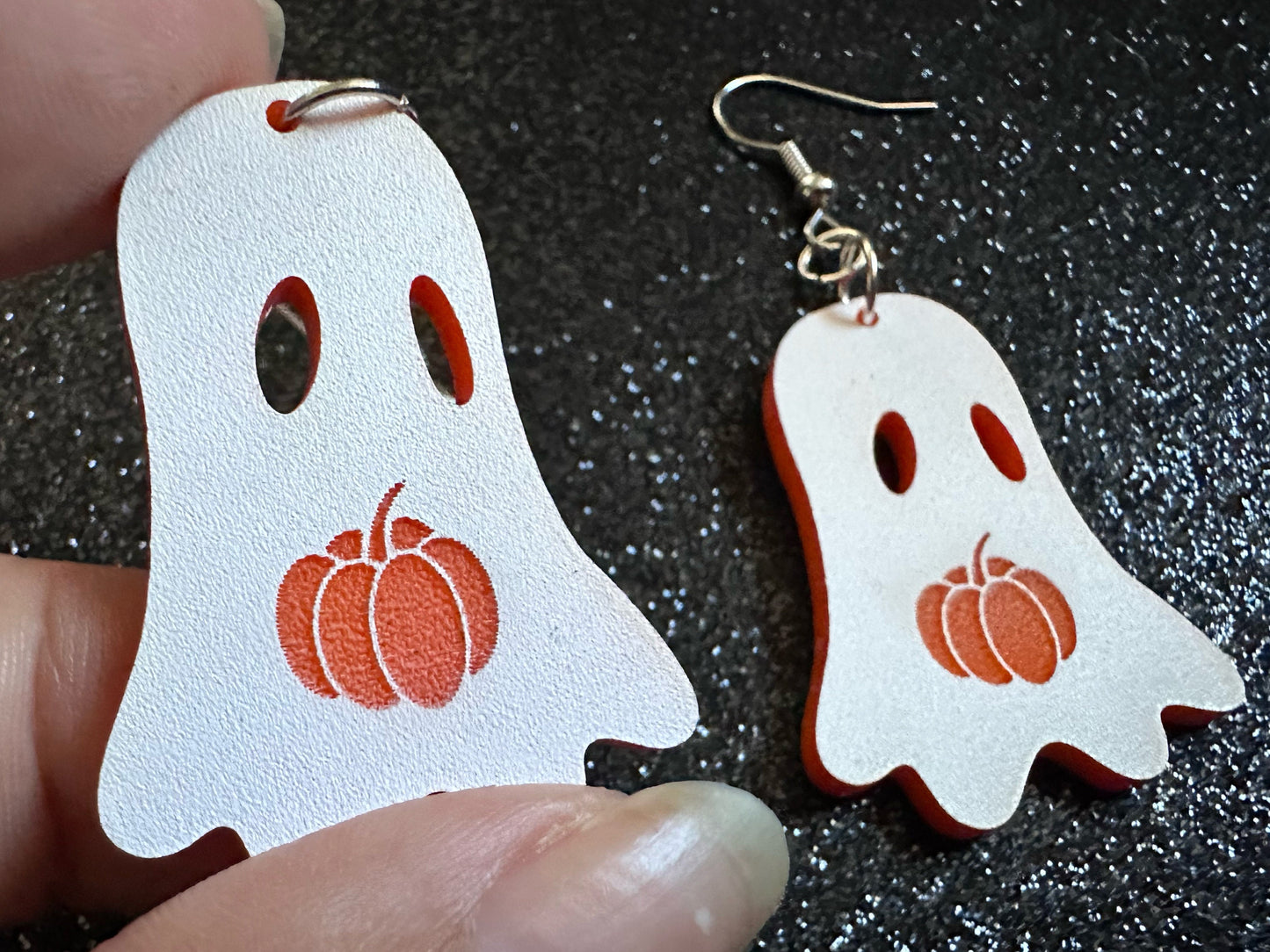 Ghost Holding Pumpkin Earrings: Laser Cut Acrylic Ghosts with Pumpkins, Halloween, Haunted, Scary, Spooky, Best Gifts for Her/Him/Them