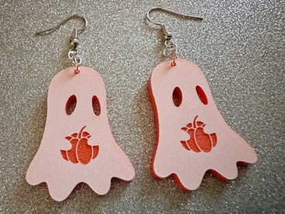 Ghost Holding Pumpkin Earrings: Laser Cut Acrylic Ghosts with Pumpkins, Halloween, Haunted, Scary, Spooky, Best Gifts for Her/Him/Them