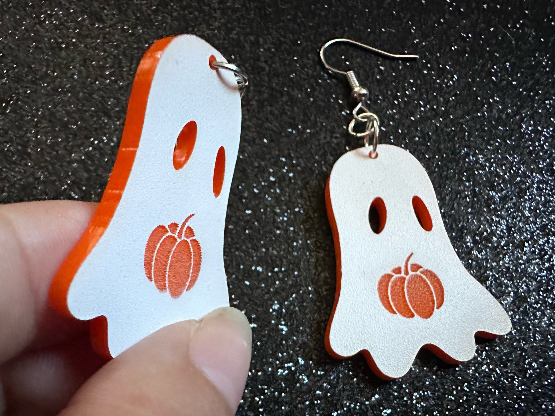 Ghost Holding Pumpkin Earrings: Laser Cut Acrylic Ghosts with Pumpkins, Halloween, Haunted, Scary, Spooky, Best Gifts for Her/Him/Them