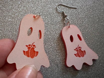 Ghost Holding Pumpkin Earrings: Laser Cut Acrylic Ghosts with Pumpkins, Halloween, Haunted, Scary, Spooky, Best Gifts for Her/Him/Them