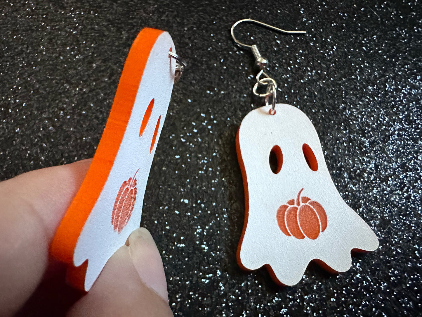 Ghost Holding Pumpkin Earrings: Laser Cut Acrylic Ghosts with Pumpkins, Halloween, Haunted, Scary, Spooky, Best Gifts for Her/Him/Them