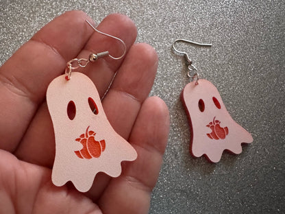Ghost Holding Pumpkin Earrings: Laser Cut Acrylic Ghosts with Pumpkins, Halloween, Haunted, Scary, Spooky, Best Gifts for Her/Him/Them