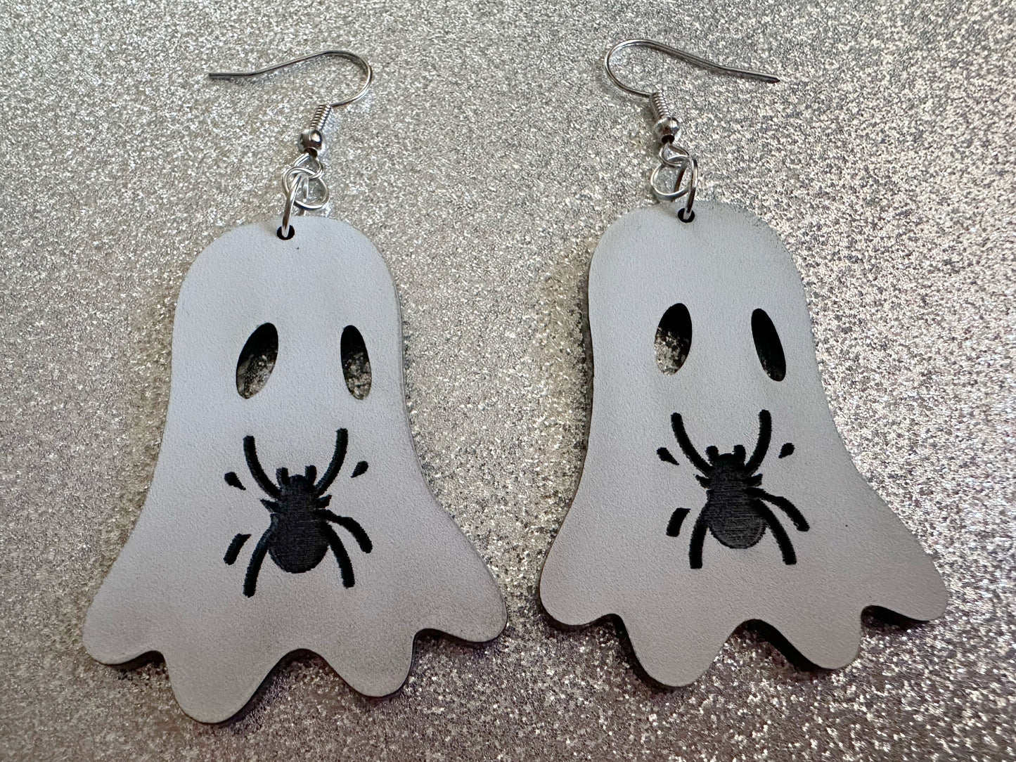 Ghost Holding Spider Earrings: Laser Cut Acrylic Ghosts with Spiders, Insects, Halloween, Scary, Spooky, Best Gifts for Her/Him/Them