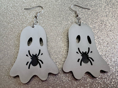 Ghost Holding Spider Earrings: Laser Cut Acrylic Ghosts with Spiders, Insects, Halloween, Scary, Spooky, Best Gifts for Her/Him/Them