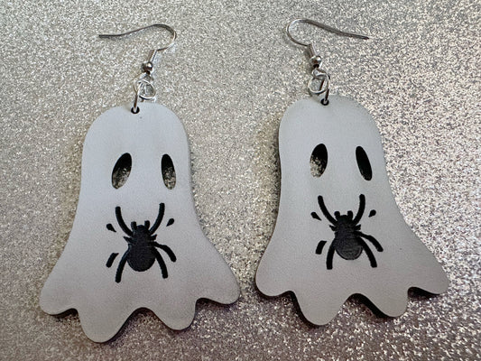 Ghost Holding Spider Earrings: Laser Cut Acrylic Ghosts with Spiders, Insects, Halloween, Scary, Spooky, Best Gifts for Her/Him/Them