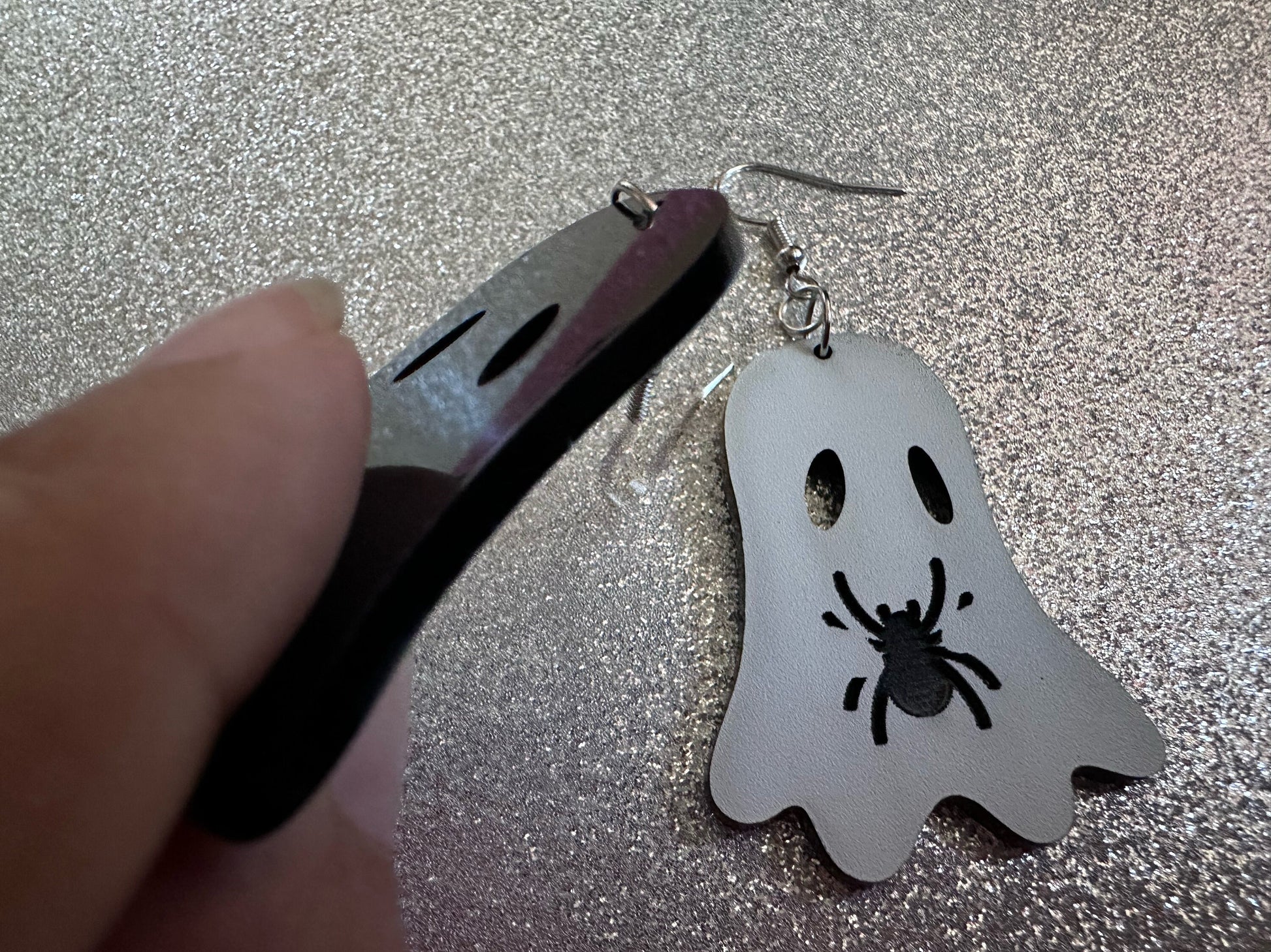 Ghost Holding Spider Earrings: Laser Cut Acrylic Ghosts with Spiders, Insects, Halloween, Scary, Spooky, Best Gifts for Her/Him/Them