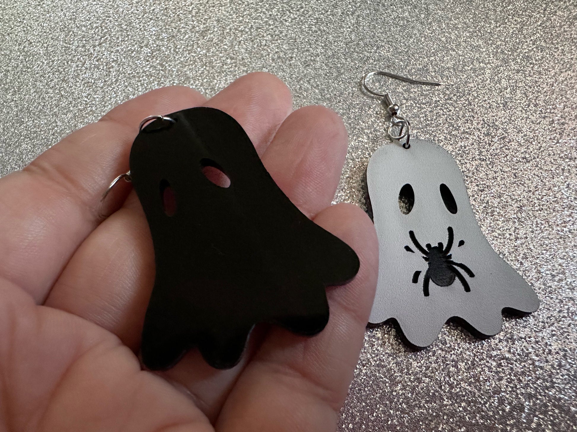 Ghost Holding Spider Earrings: Laser Cut Acrylic Ghosts with Spiders, Insects, Halloween, Scary, Spooky, Best Gifts for Her/Him/Them