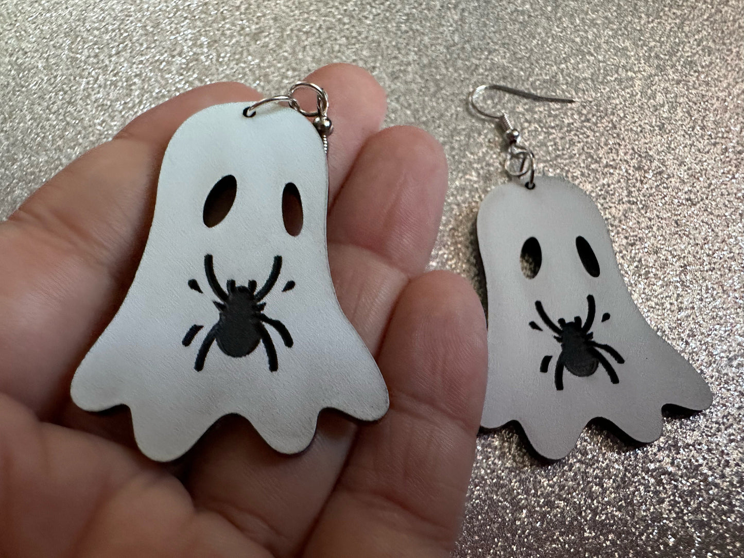 Ghost Holding Spider Earrings: Laser Cut Acrylic Ghosts with Spiders, Insects, Halloween, Scary, Spooky, Best Gifts for Her/Him/Them