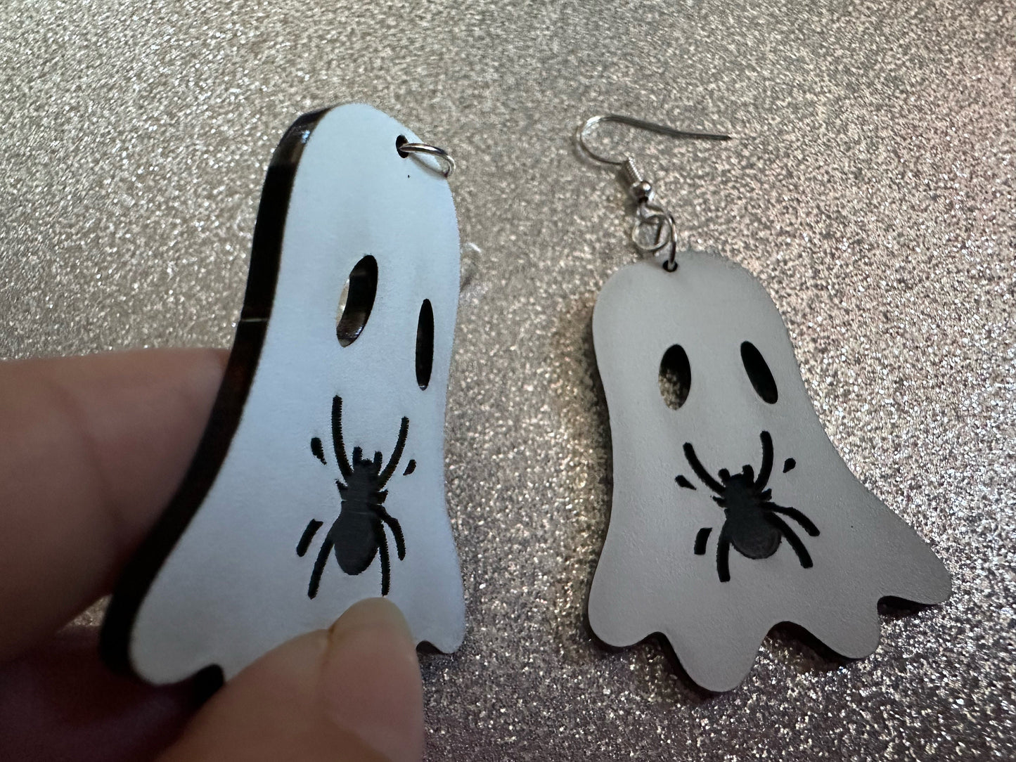 Ghost Holding Spider Earrings: Laser Cut Acrylic Ghosts with Spiders, Insects, Halloween, Scary, Spooky, Best Gifts for Her/Him/Them