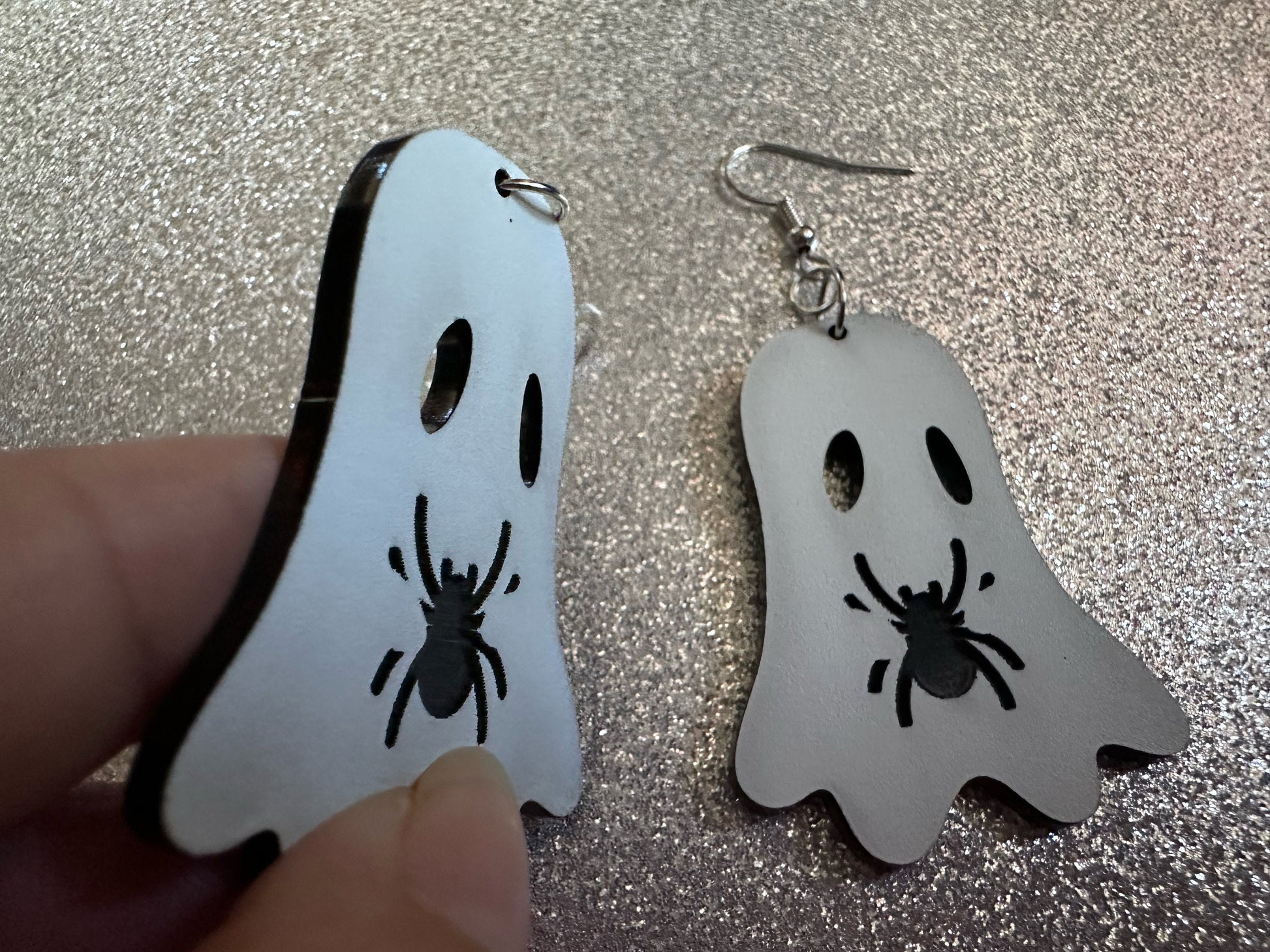 Ghost Holding Spider Earrings: Laser Cut Acrylic Ghosts with Spiders, Insects, Halloween, Scary, Spooky, Best Gifts for Her/Him/Them