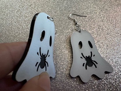 Ghost Holding Spider Earrings: Laser Cut Acrylic Ghosts with Spiders, Insects, Halloween, Scary, Spooky, Best Gifts for Her/Him/Them