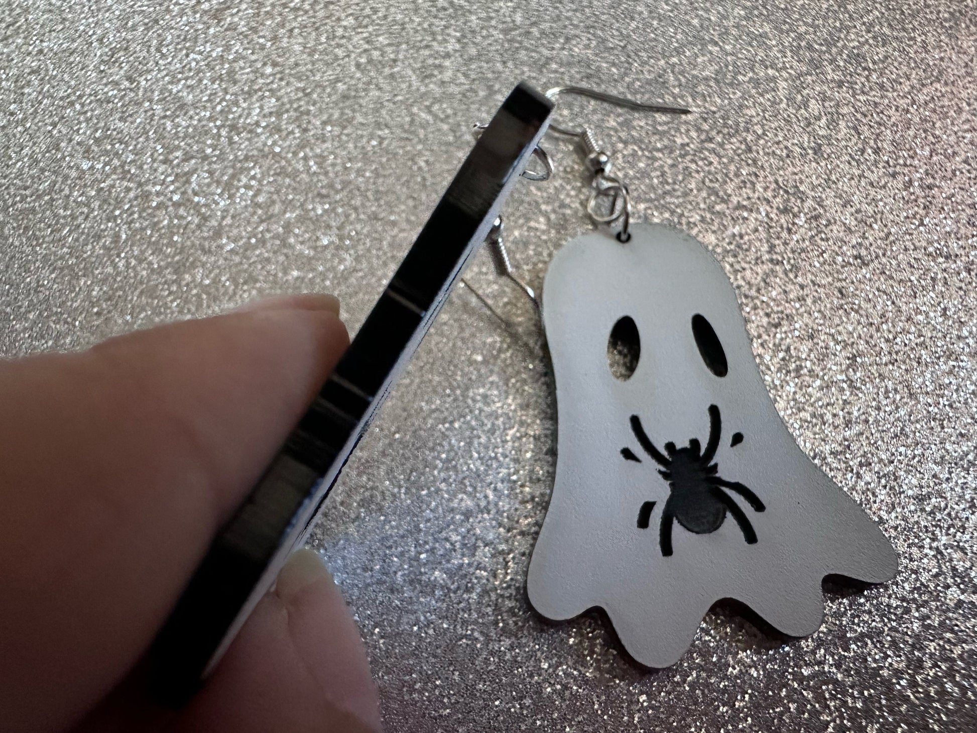 Ghost Holding Spider Earrings: Laser Cut Acrylic Ghosts with Spiders, Insects, Halloween, Scary, Spooky, Best Gifts for Her/Him/Them