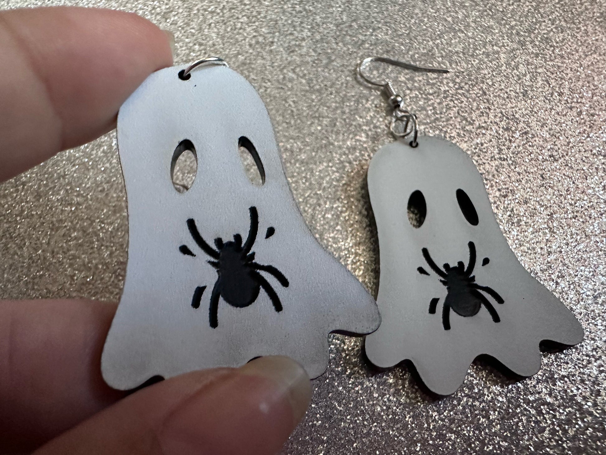 Ghost Holding Spider Earrings: Laser Cut Acrylic Ghosts with Spiders, Insects, Halloween, Scary, Spooky, Best Gifts for Her/Him/Them