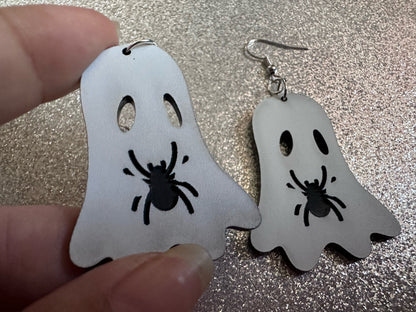 Ghost Holding Spider Earrings: Laser Cut Acrylic Ghosts with Spiders, Insects, Halloween, Scary, Spooky, Best Gifts for Her/Him/Them