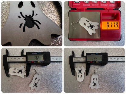 Ghost Holding Spider Earrings: Laser Cut Acrylic Ghosts with Spiders, Insects, Halloween, Scary, Spooky, Best Gifts for Her/Him/Them