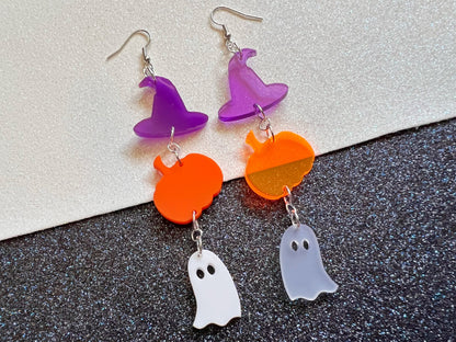 Ghosts, Pumpkins, Purple Witch Hat Halloween Earrings: Laser Cut Acrylic, Witch Hats, Cute Ghosts, Spooky, Best Gifts for Her/Him/Them
