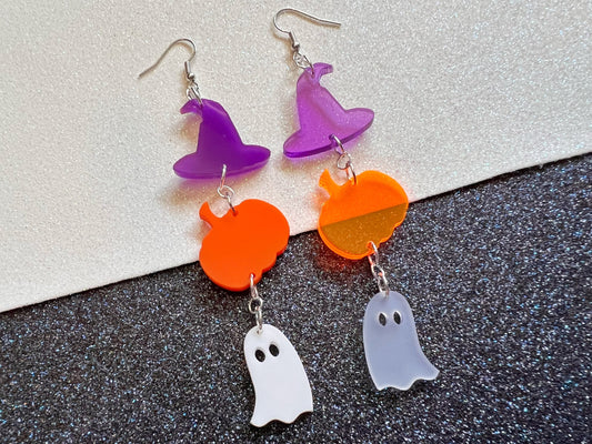 Ghosts, Pumpkins, Purple Witch Hat Halloween Earrings: Laser Cut Acrylic, Witch Hats, Cute Ghosts, Spooky, Best Gifts for Her/Him/Them